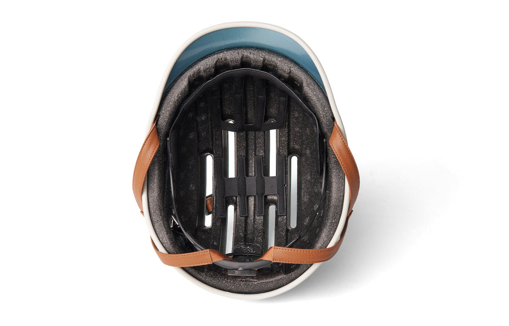 Heritage 2.0 Bike & Skate Helmet, metallic blue, inside view of the liner and straps