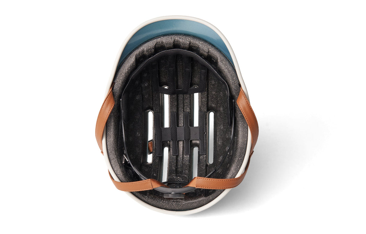 Heritage 2.0 Bike & Skate Helmet, metallic blue, inside view of the liner and straps