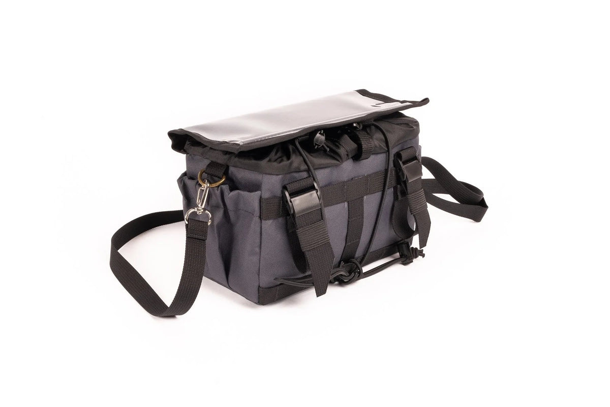 Outer Shell Drawcord Handlebar Bag, gray, with shoulder strap attached