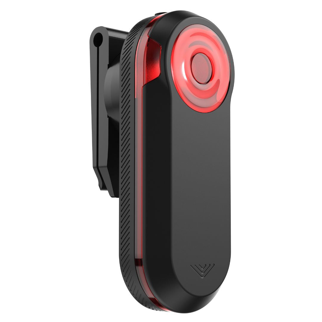 KOM Saddle Bag Radar Mount for Garmin Varia, with a radar tail light attached, angled view