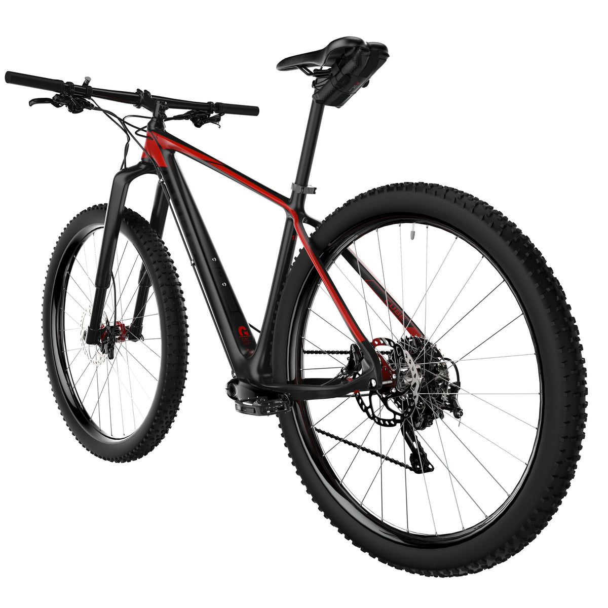 KOM Saddle Roll, mounted under the saddle of a mountain bike, rear angle