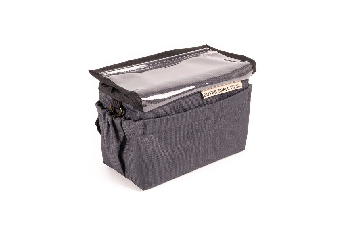 Outer Shell Drawcord Handlebar Bag, gray, front view with clear map top