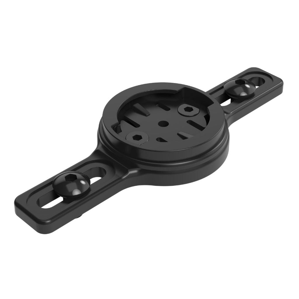 KOM rear rack radar mount in black with its quarter-turn disc and bolt slots