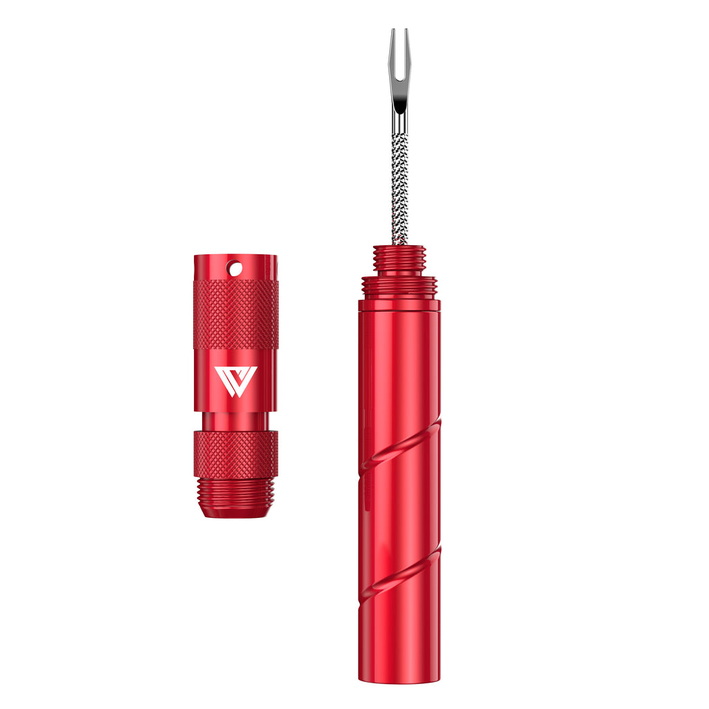 KOM Tire Repair Tool PRO, red, standing upright with plug fork extended