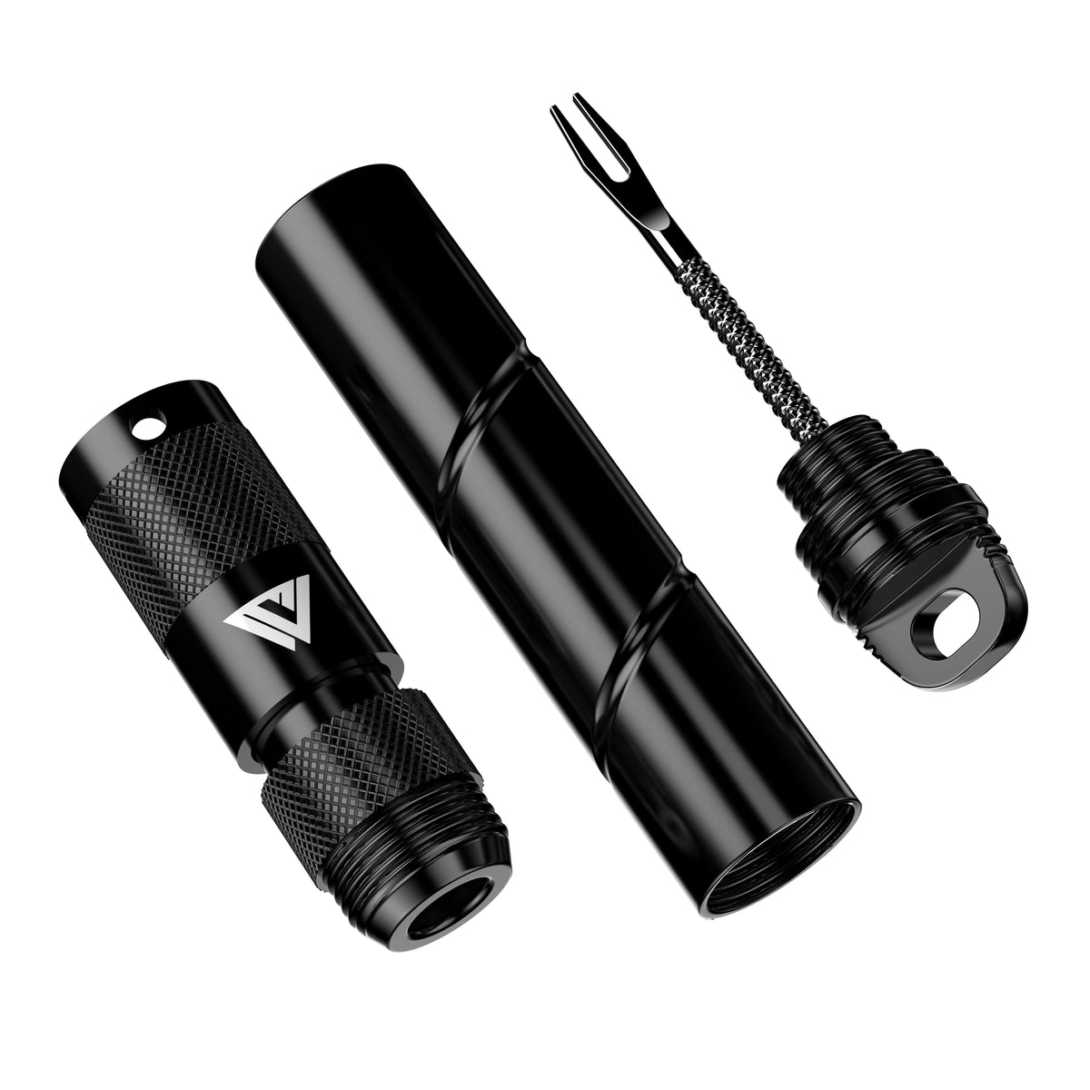 KOM Tire Repair Tool PRO, black, taken apart showing the plug fork