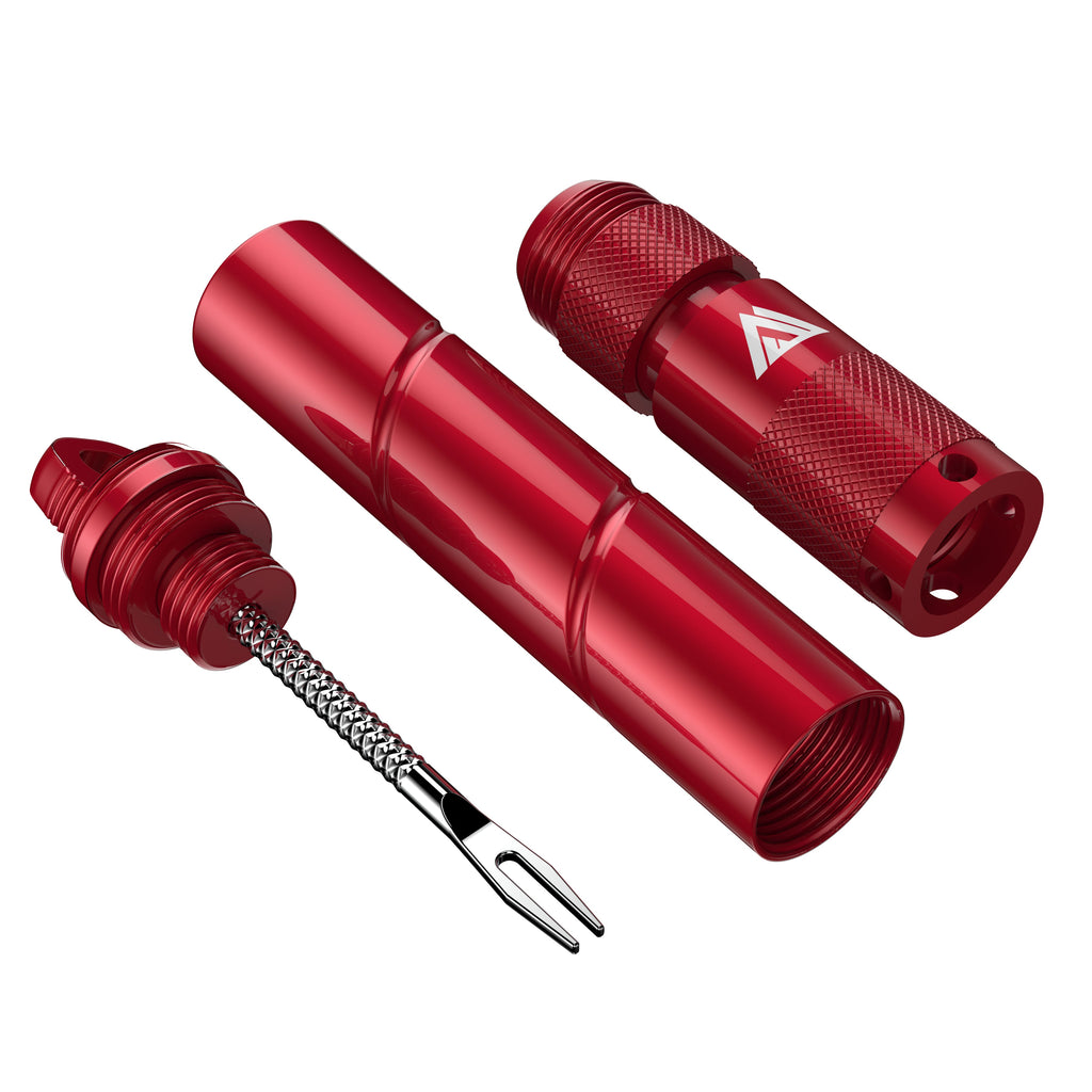 KOM Tire Repair Tool PRO, red, taken apart showing the plug fork