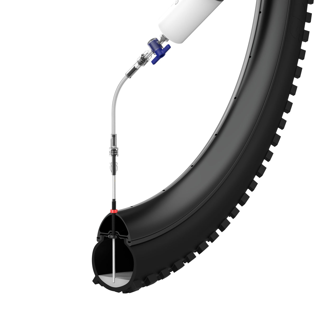 KOM Tubeless Sealant Injector, cutaway of sealant being injected into a tire