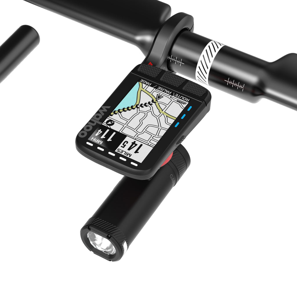 KOM CM06 Quick Release Computer Mount with GoPro Adapter, on a handlebar with a bike computer and a light, top view