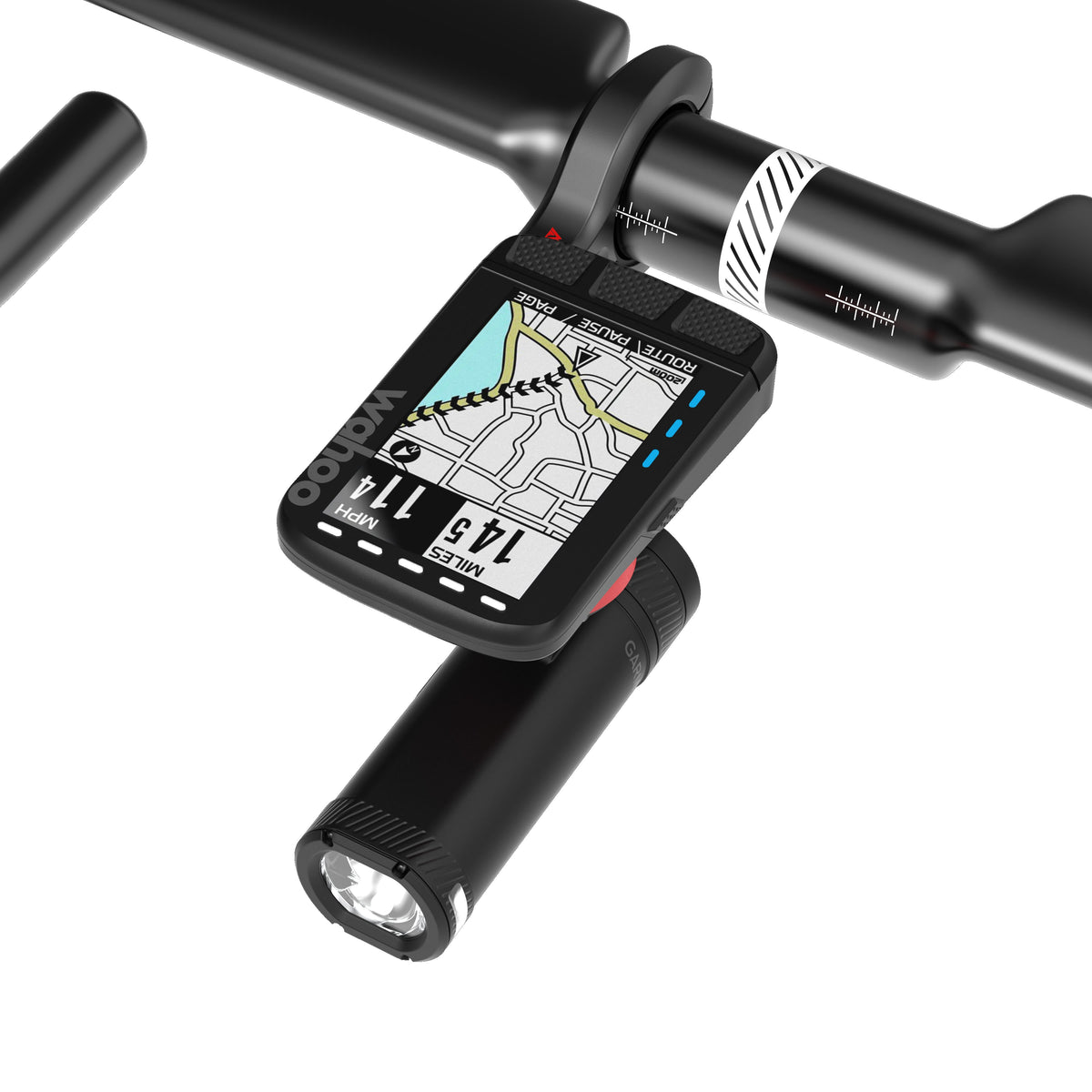 KOM CM06 Quick Release Computer Mount with GoPro Adapter, on a handlebar with a bike computer and a light, top view