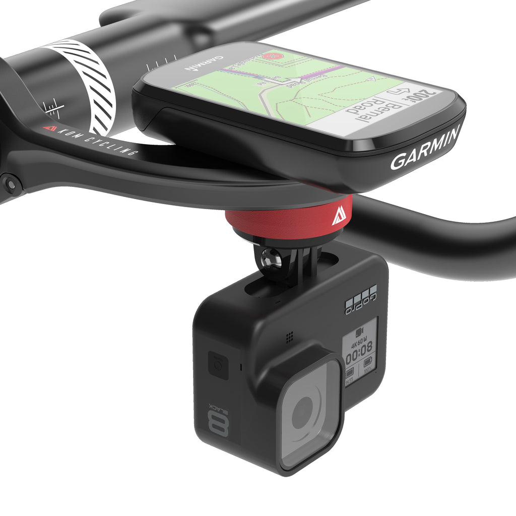 KOM CM06 Quick Release Computer Mount with GoPro Adapter, on a handlebar with a Garmin computer above and an action camera below