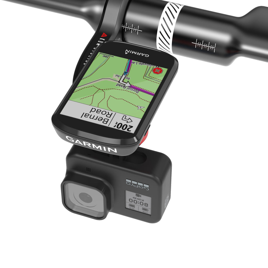 KOM CM06 Quick Release Computer Mount with GoPro Adapter, with a Garmin computer and an action camera, top view