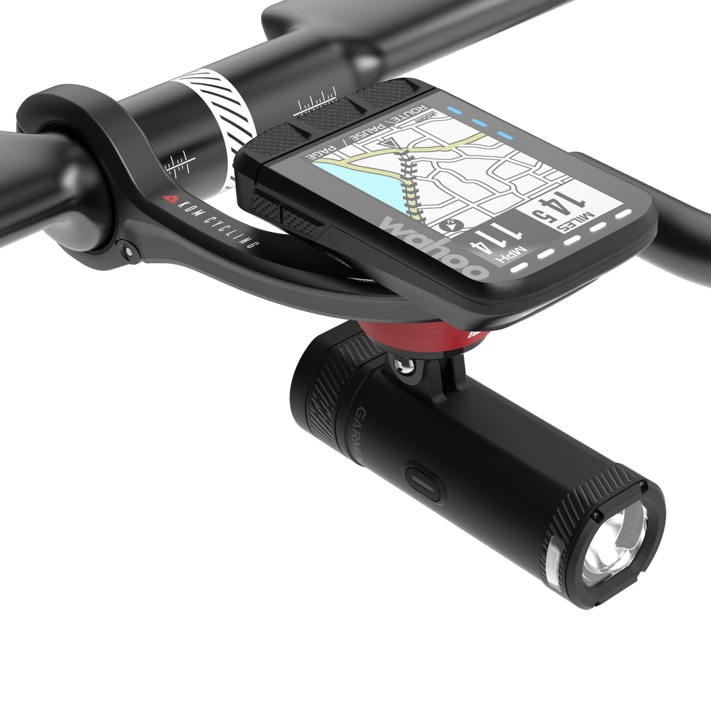 KOM CM06 Quick Release Computer Mount with GoPro Adapter, on a handlebar with a bike computer above and a light below