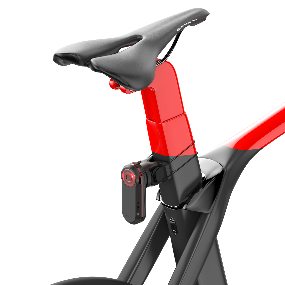 KOM Seatpost Radar Mount for Garmin Varia, on a seatpost with a radar tail light, side view of bike