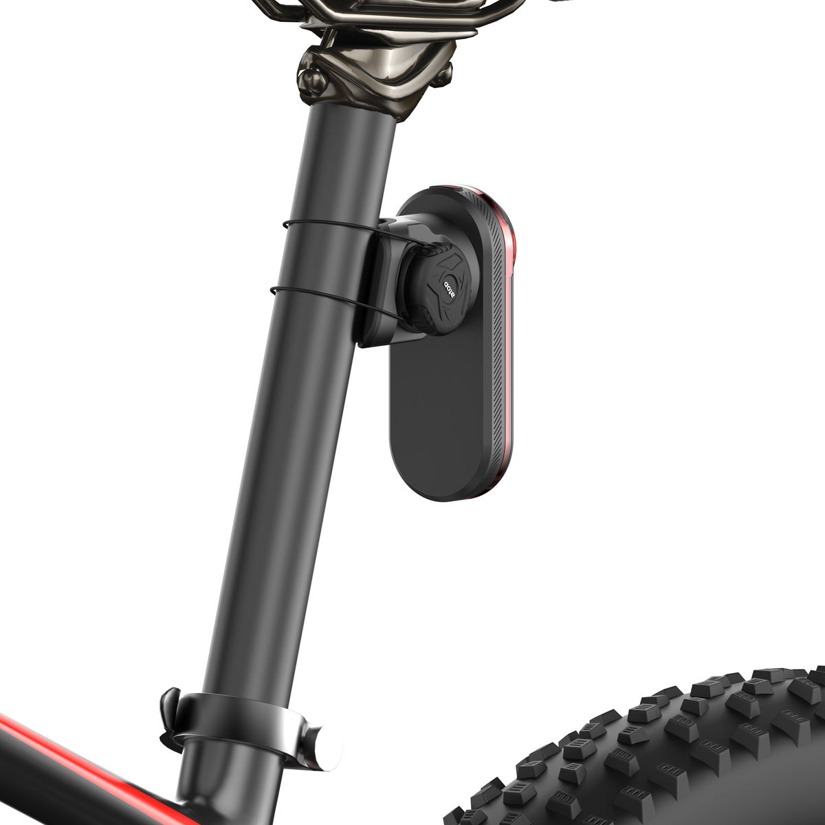 KOM Seatpost Radar Mount for Garmin Varia, on a round seatpost with a radar tail light, rear angle