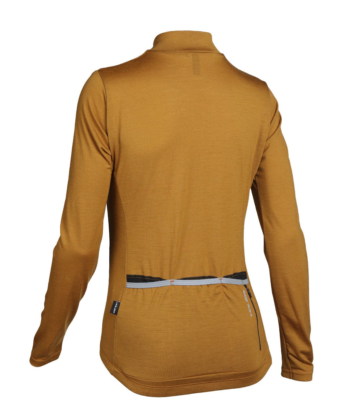 Voler Women's Midweight Merino Long Sleeve Jersey, mustard, back view with pockets
