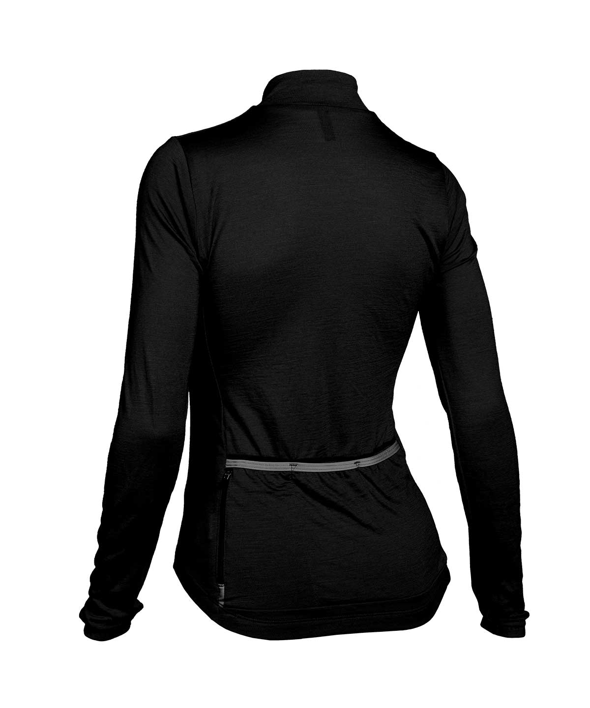 Voler Women's Midweight Merino Long Sleeve Jersey, black, back view with pockets