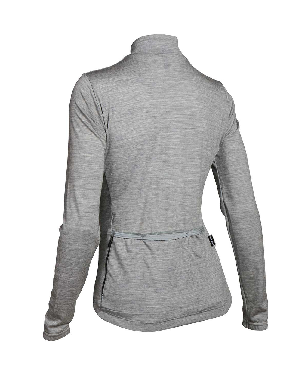 Voler Women's Midweight Merino Long Sleeve Jersey, heather gray, back view with pockets