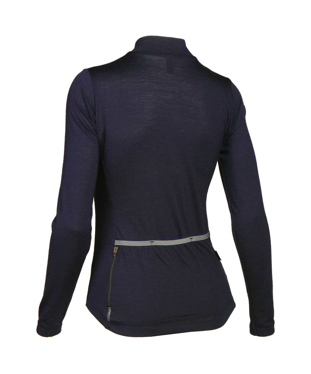 Voler Women's Midweight Merino Long Sleeve Jersey, navy, back view with pockets