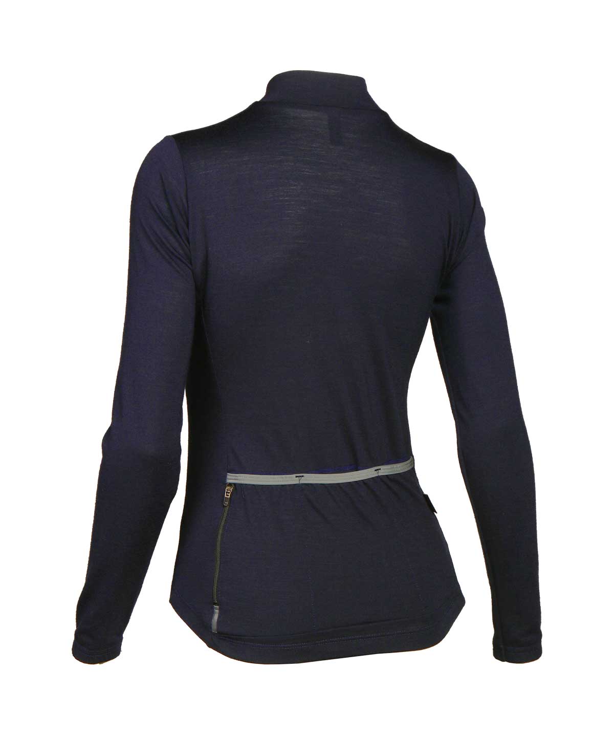Voler Women's Midweight Merino Long Sleeve Jersey, navy, back view with pockets