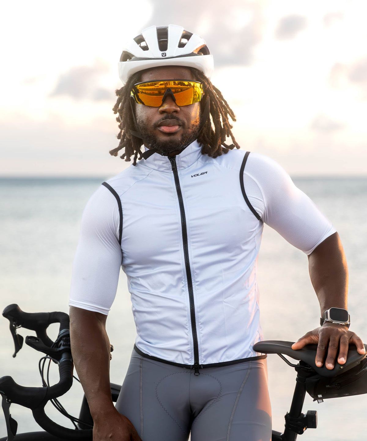 Voler Men's Wind Vest, Salt, worn by a rider, front view