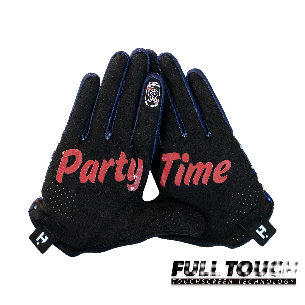 Handup Summer LITE Gloves, Pabst Blue Wave, pair shown together, palm side with "Party Time" print