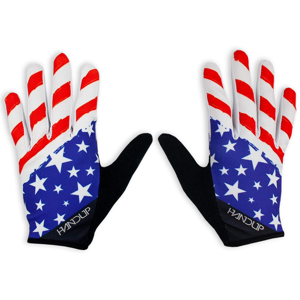 Handup Gloves, Original 'MERICAS, pair laid flat, back of hand with stars and stripes print