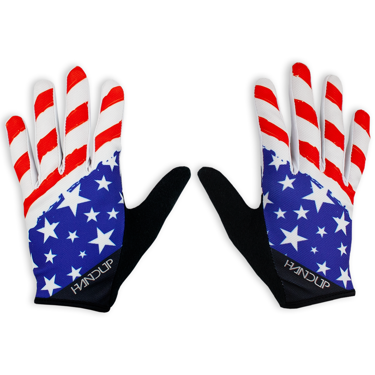 Handup Gloves, Original 'MERICAS, pair laid flat, back of hand with stars and stripes print