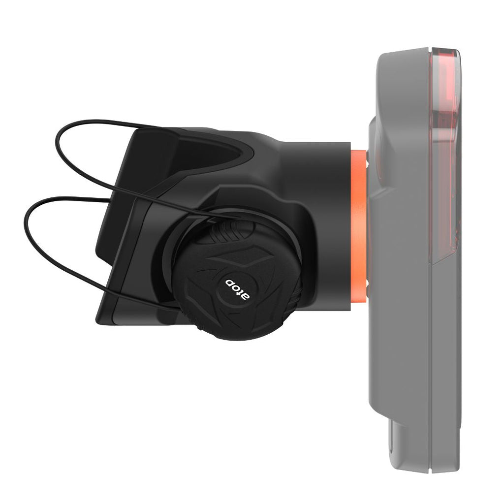 KOM Seatpost Radar Mount for Garmin Varia, mount with rubber bands and orange insert, side view