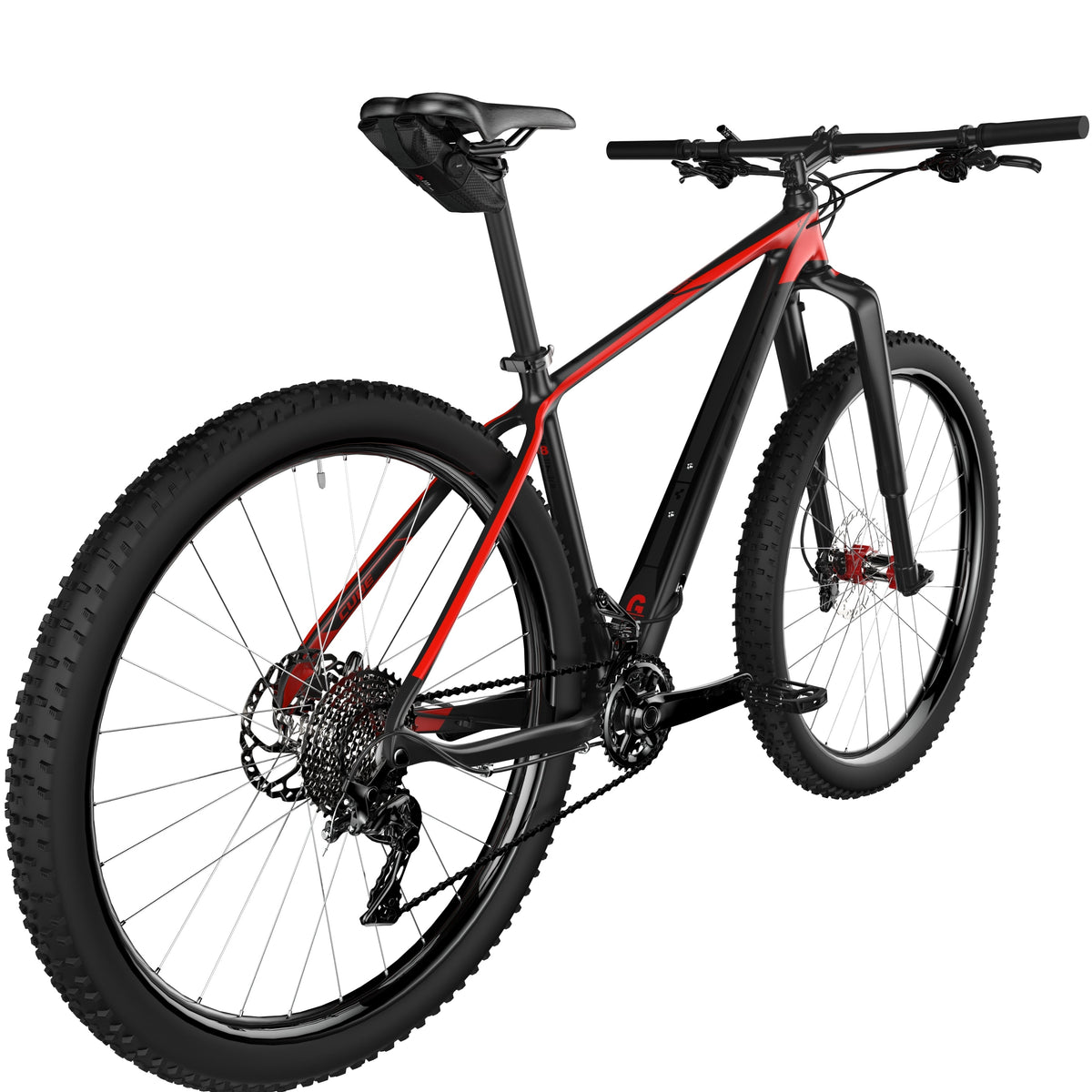 KOM Saddle Roll, mounted under the saddle of a mountain bike, front angle