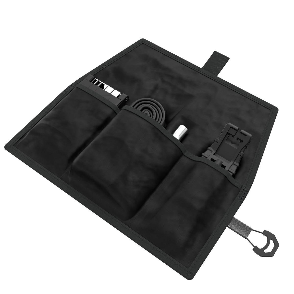 KOM Saddle Roll, unrolled with a tube and tools in the pockets