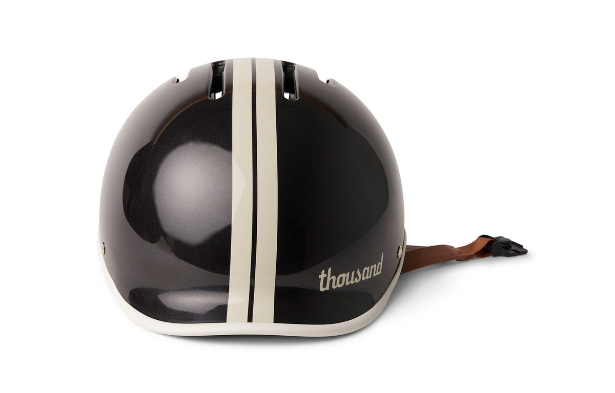 Heritage 2.0 Bike & Skate Helmet, gloss black with cream stripes, rear angle