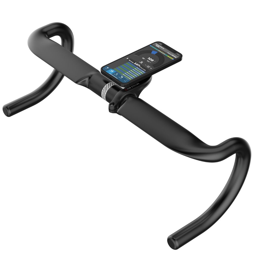KOM Phone Mount Bundle, on a drop handlebar with a phone, angled view