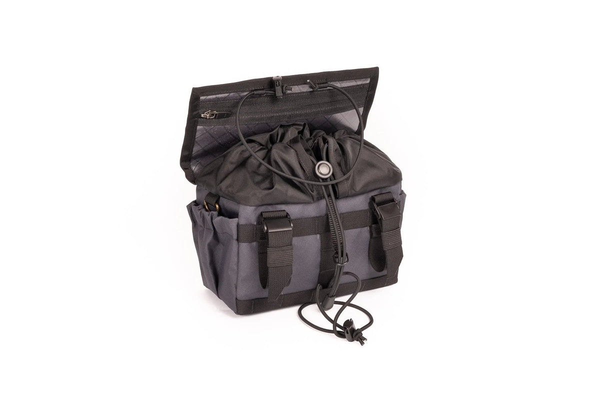 Outer Shell Drawcord Handlebar Bag, gray, flap open showing the drawcord closure