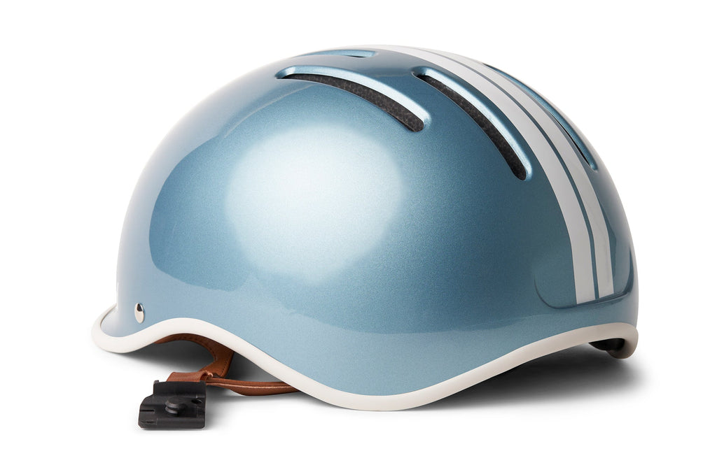 Heritage 2.0 Bike & Skate Helmet, metallic blue with white stripes, close-up side view