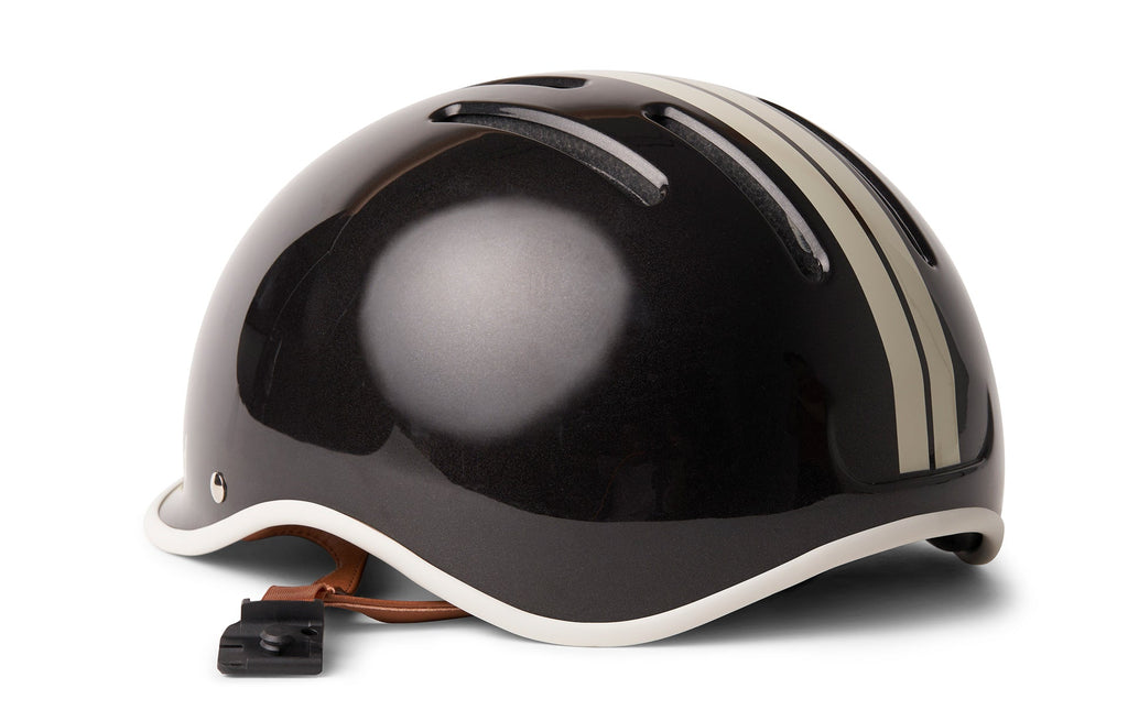Heritage 2.0 Bike & Skate Helmet, gloss black with cream stripes, close-up side view