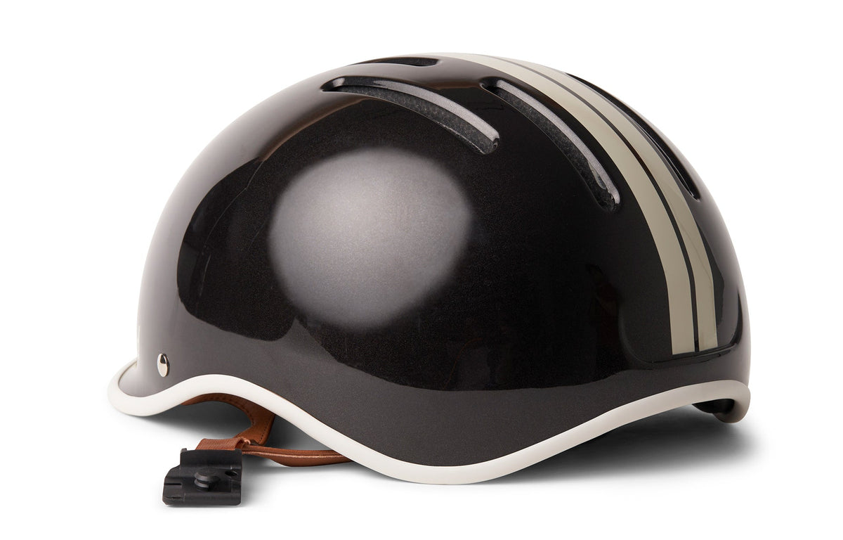 Heritage 2.0 Bike & Skate Helmet, gloss black with cream stripes, close-up side view