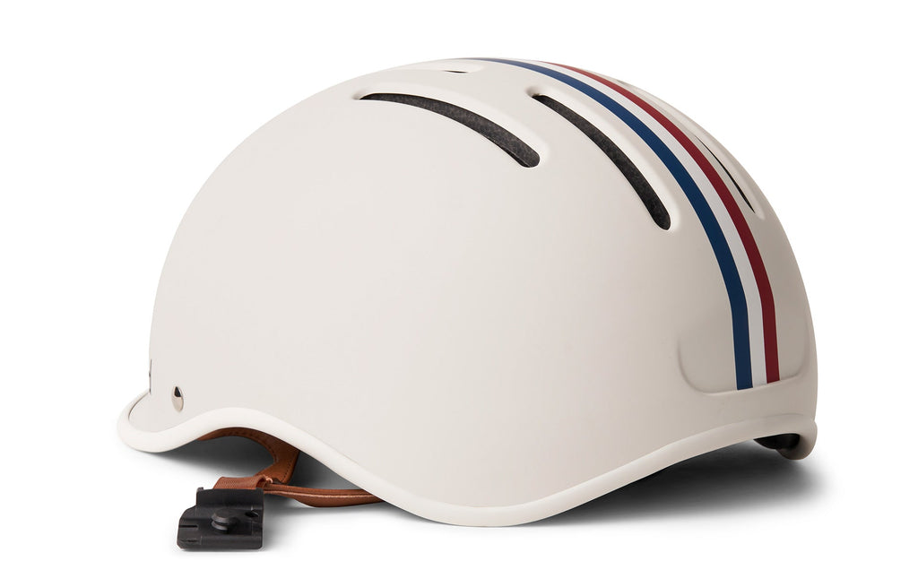 Heritage 2.0 Bike & Skate Helmet, white with red and blue stripes, close-up side view
