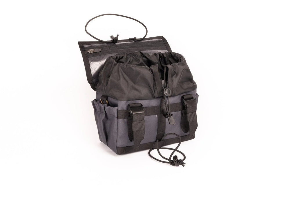 Outer Shell Drawcord Handlebar Bag, gray, flap open, front angle