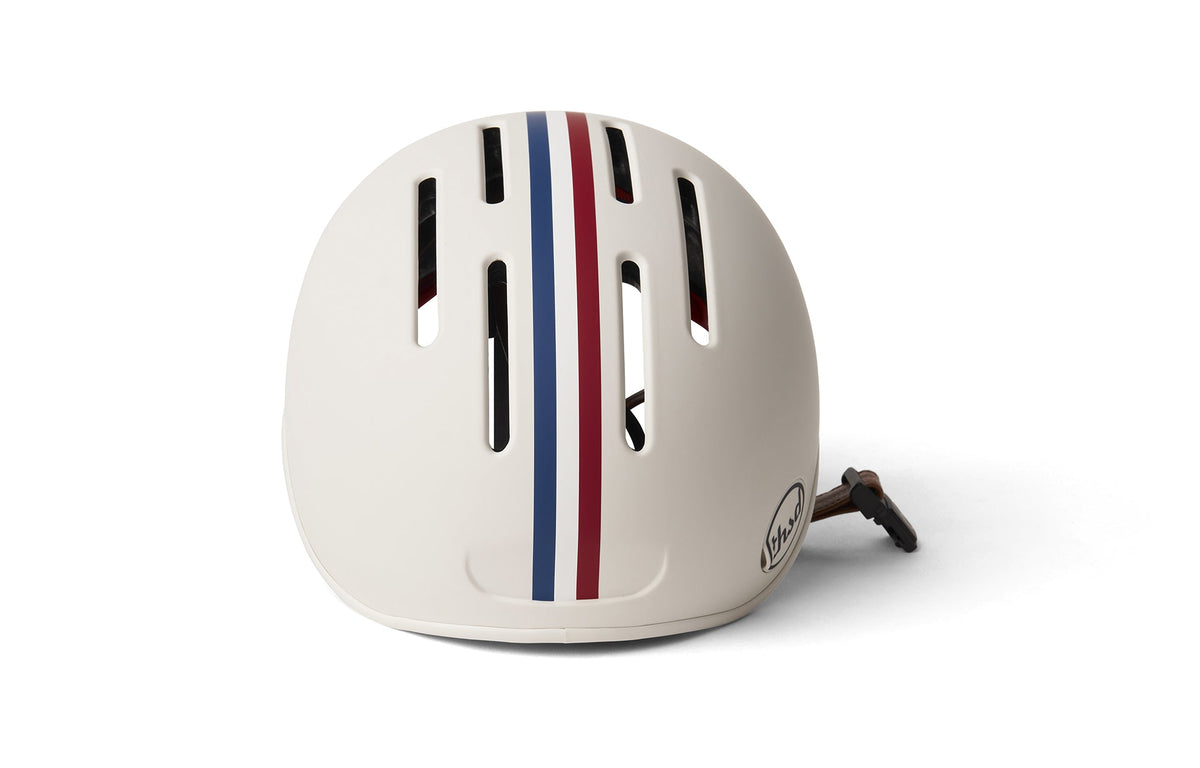 Heritage 2.0 Bike & Skate Helmet, white with red and blue stripes, rear view