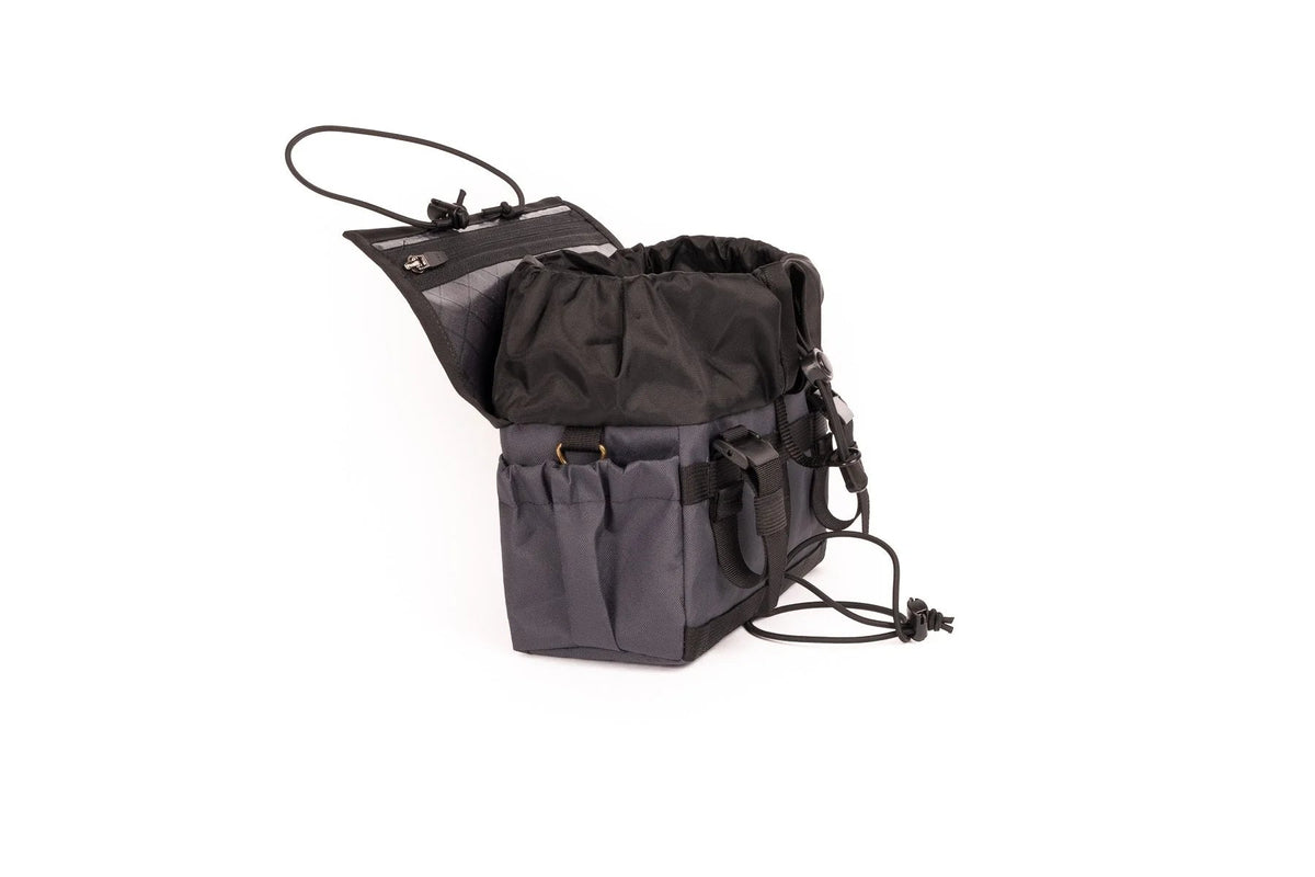 Outer Shell Drawcord Handlebar Bag, flap open, side view