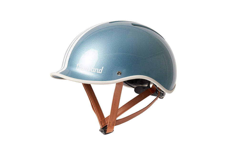 Heritage 2.0 Bike & Skate Helmet, metallic blue, side view with straps