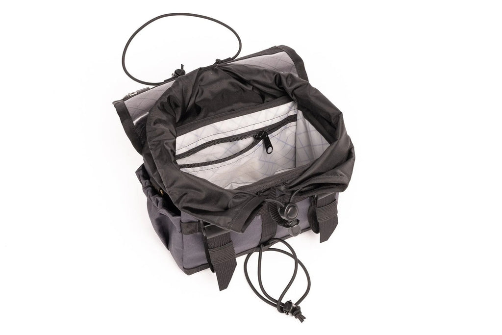 Outer Shell Drawcord Handlebar Bag, open, top view of the interior