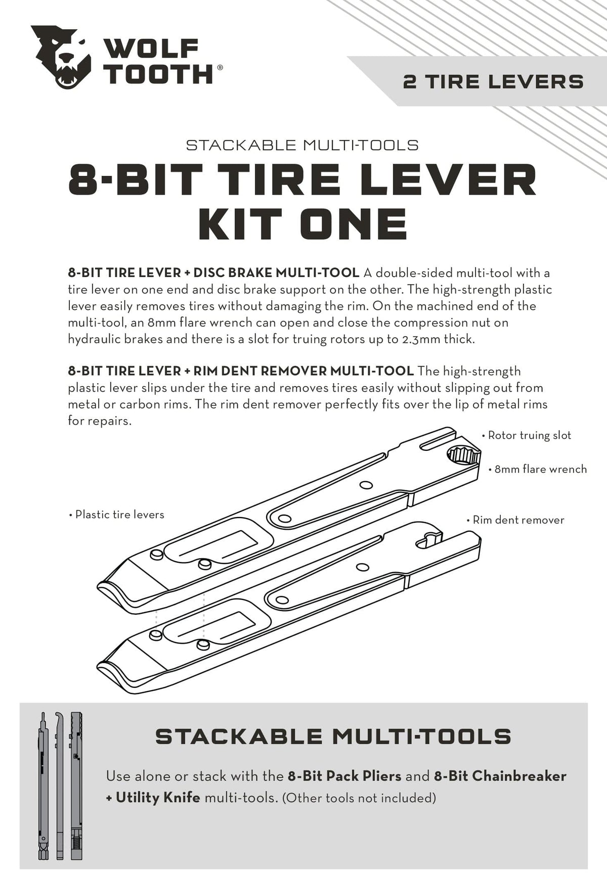 Wolf Tooth 8-Bit Tire Lever Kit One, product sheet with tool diagram