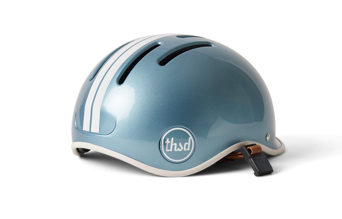 Heritage 2.0 Bike & Skate Helmet, metallic blue with white stripes, rear side angle
