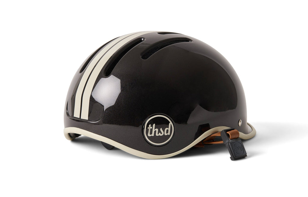 Heritage 2.0 Bike & Skate Helmet, gloss black with cream stripes, rear side angle