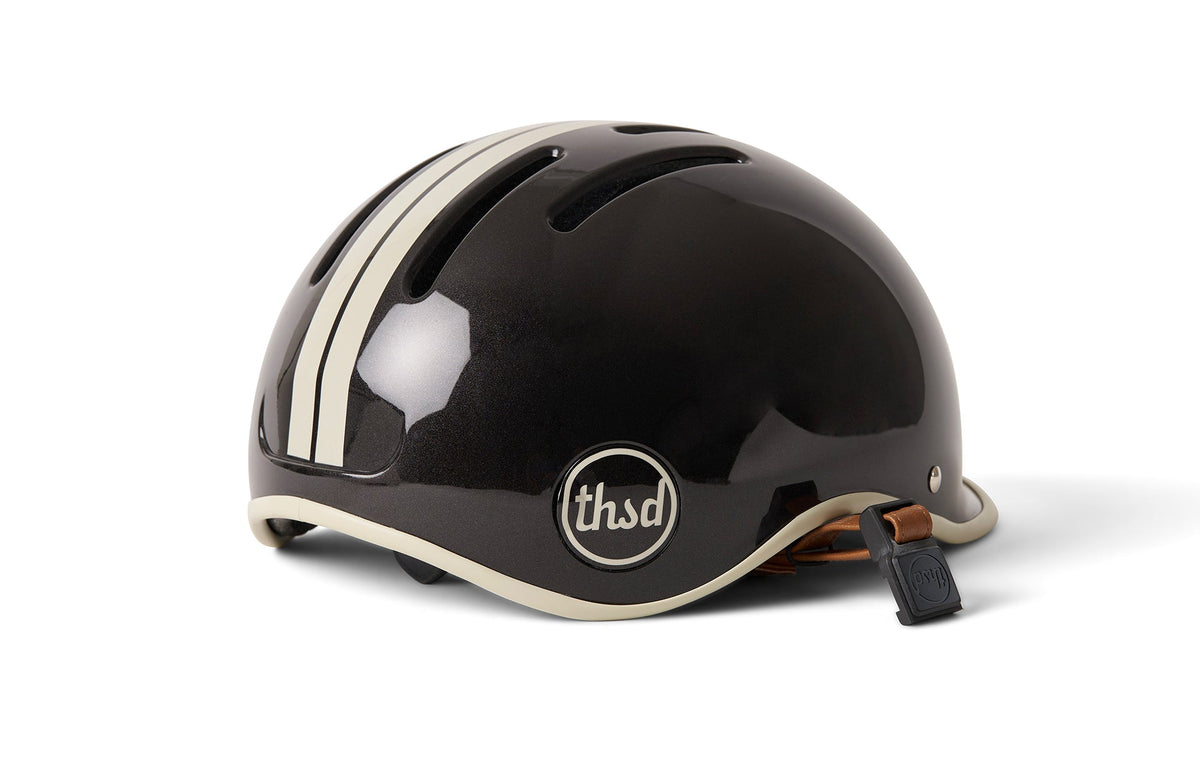 Heritage 2.0 Bike & Skate Helmet, gloss black with cream stripes, rear side angle