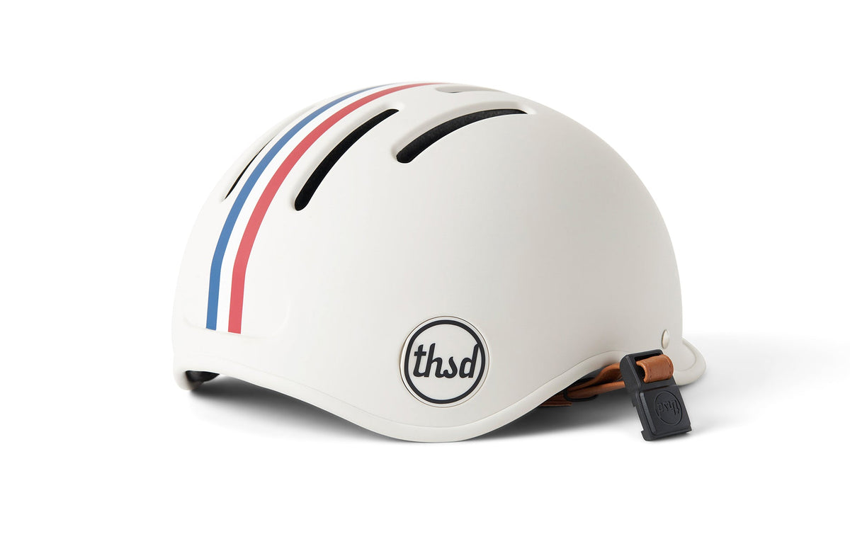 Heritage 2.0 Bike & Skate Helmet, white with red and blue stripes, rear side angle