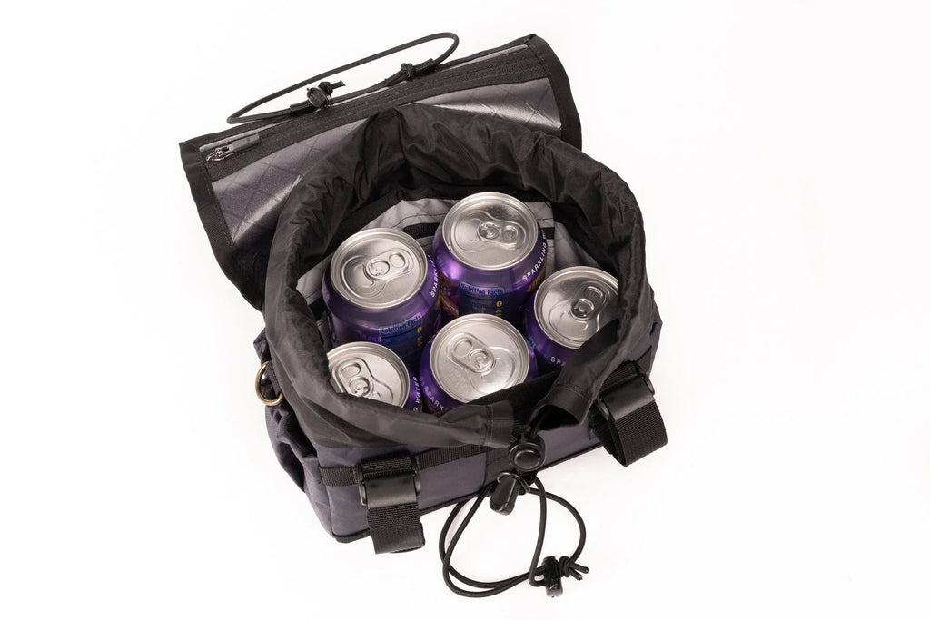 Outer Shell Drawcord Handlebar Bag, open holding six cans