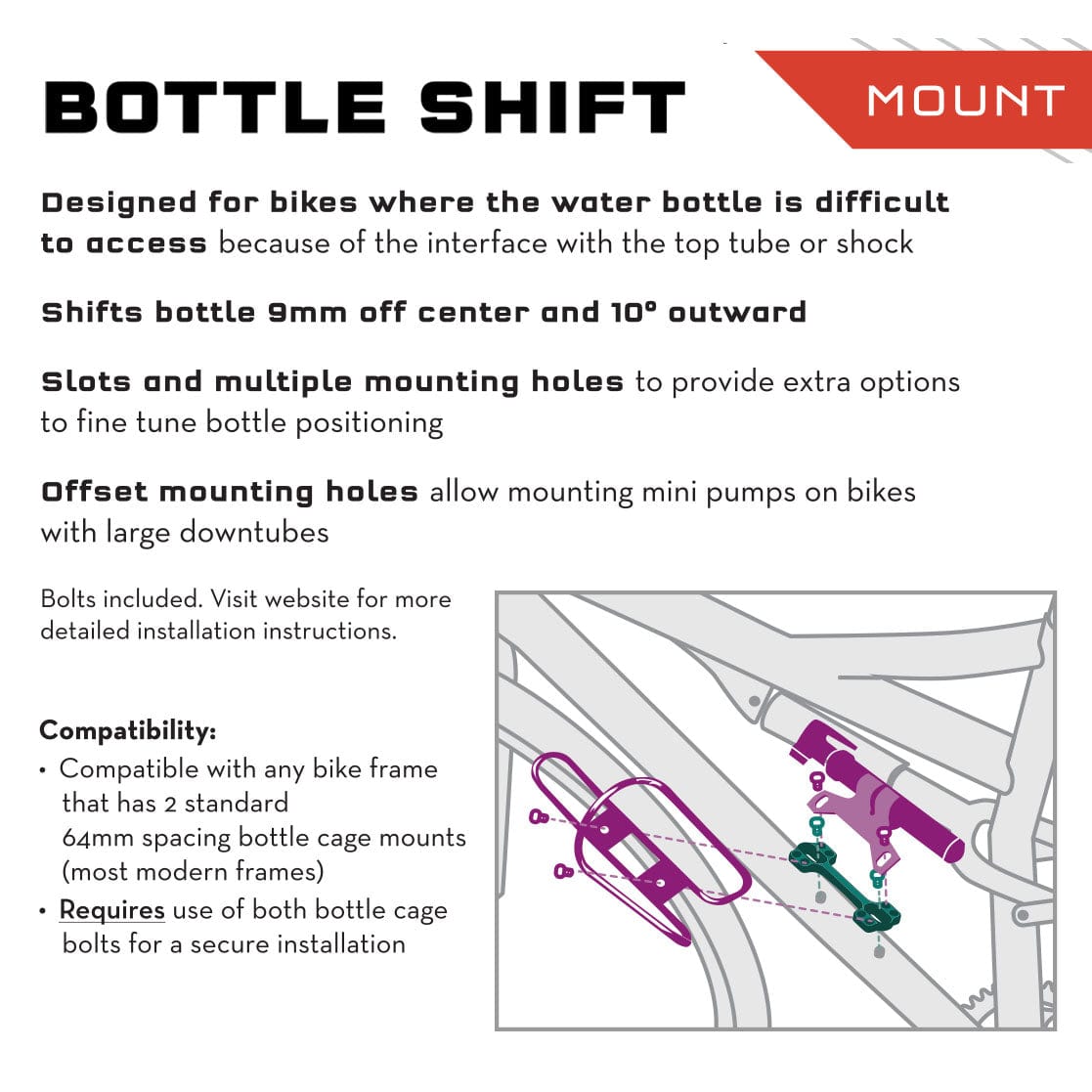 Wolf Tooth B-RAD Bottle Shift, product sheet with compatibility notes