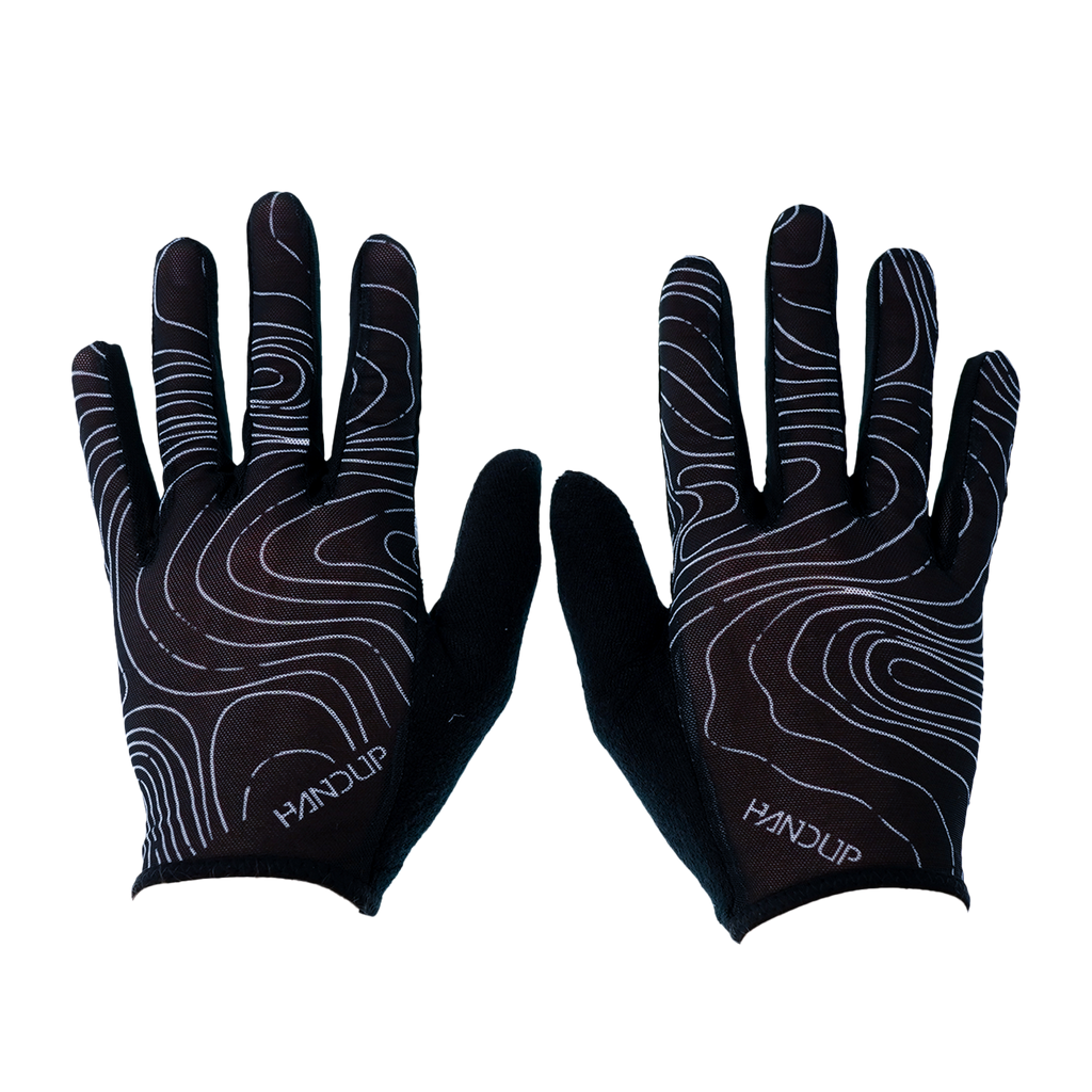 Handup Summer LITE Gloves, Topo Map Black, pair laid flat, back of hand with topo line print